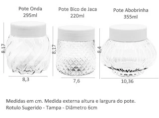 Potes texturizados e suas respectivas medidas: